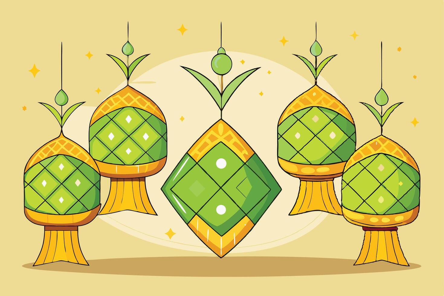 Colorful Eid al Fitr festive scene with ketupat hanging lanterns and decorative garlands, Islamic elements Background for decorations vector
