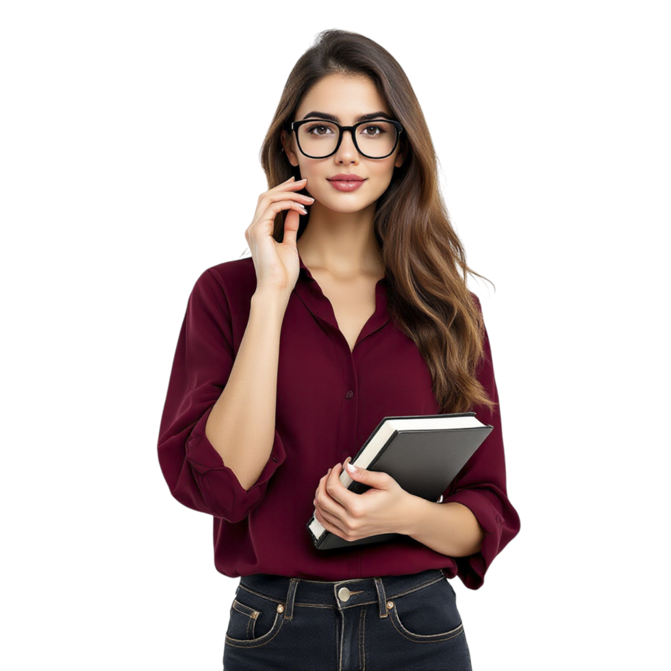 A woman in glasses holding a book and talking on the phone png