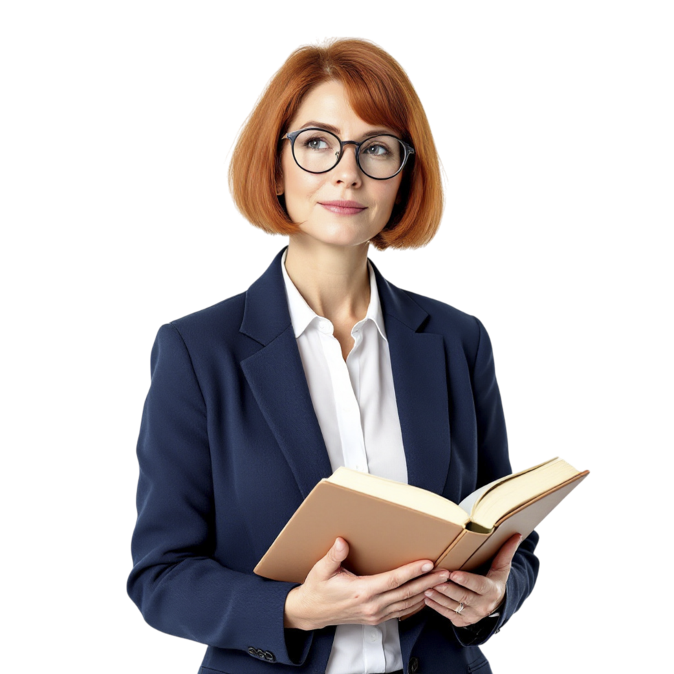 A woman in a suit and glasses holding a book png