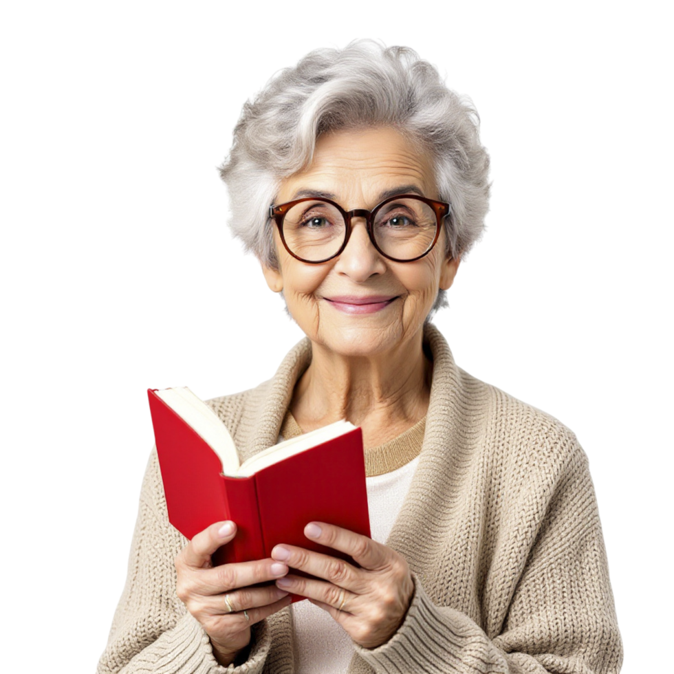 An elderly woman with glasses holding a book png
