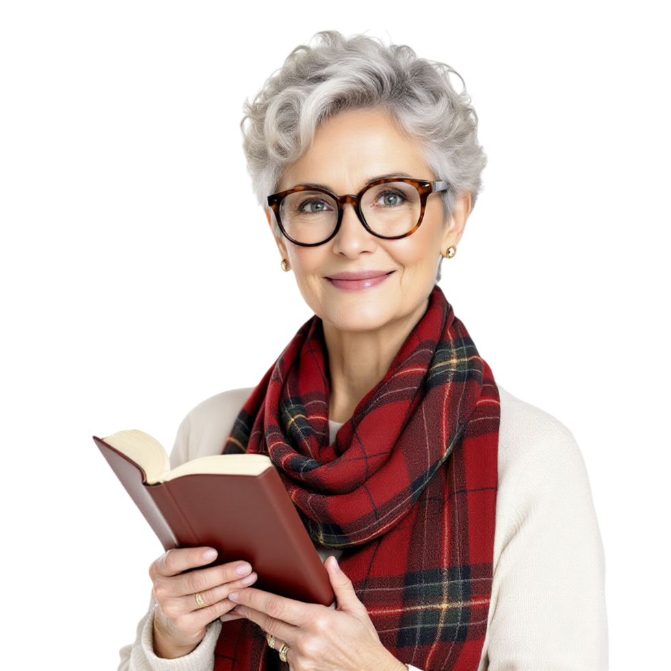 An older woman with glasses and a scarf is holding a book png