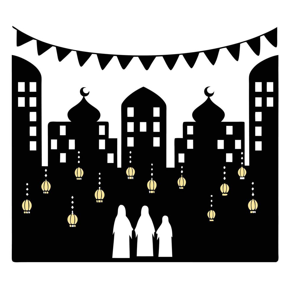 Silhouette of a festive city skyline with mosques, hanging lanterns, and women in traditional dress, creating a beautiful scene for Eid celebrations vector