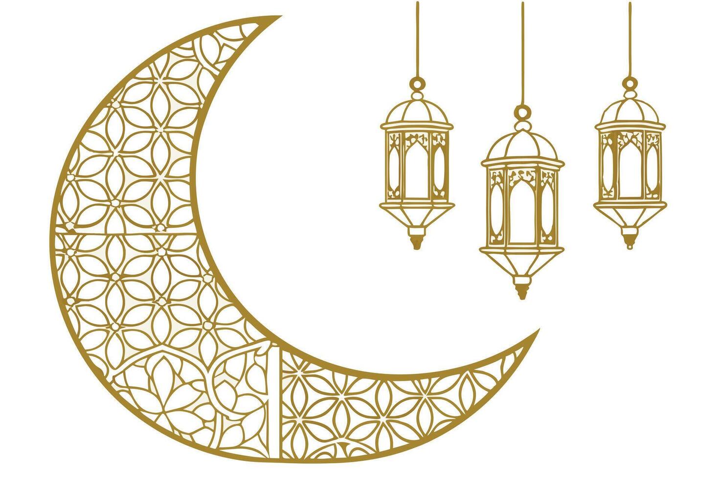 Decorative golden crescent moon with intricate Islamic design elements, set against a neutral background, perfect for Eid celebrations vector