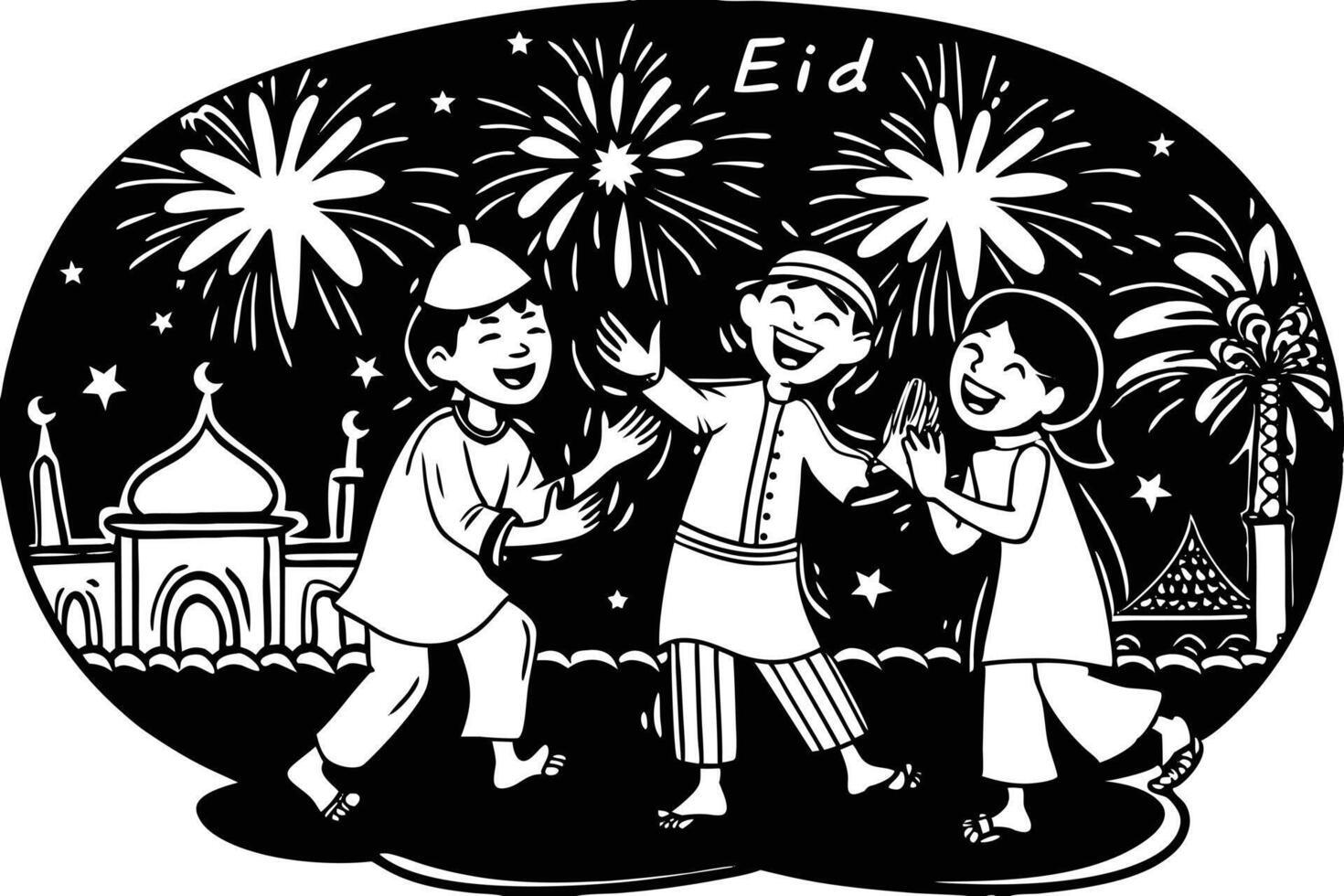 Eid celebrations with children playing under the stars and colorful fireworks lighting up the sky, creating a lively and happy atmosphere vector