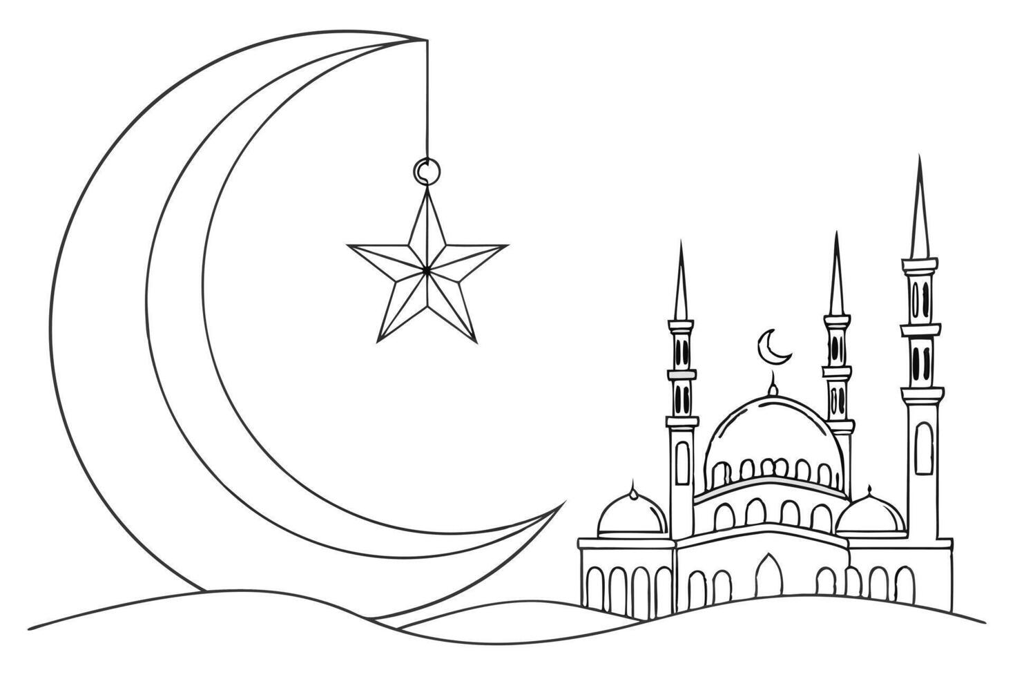 Beautiful minimalist mosque silhouette with a crescent moon and stars, a perfect representation of Islamic elements Background vector