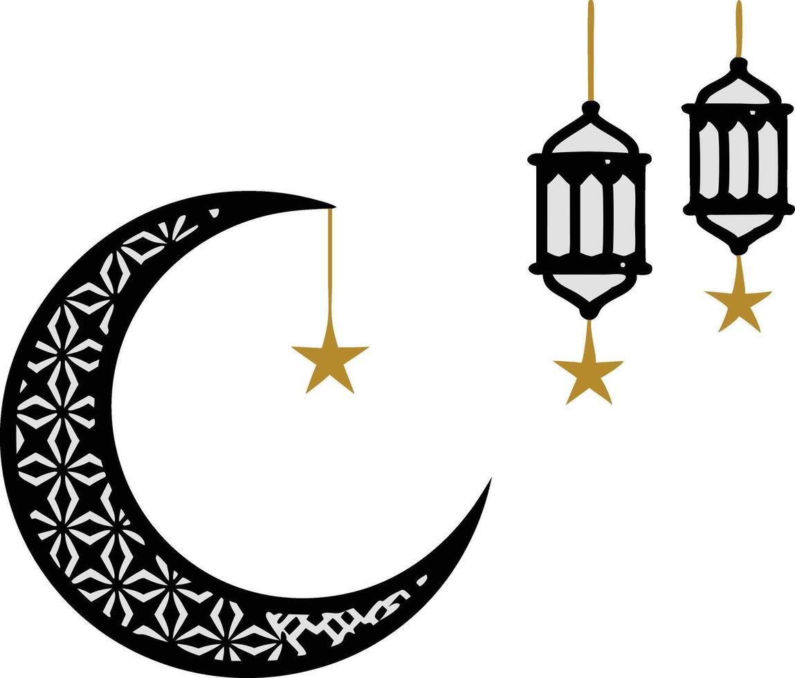 Ramadan Kareem concept with crescent moon and traditional lanterns in black and white, Islamic elements Background for cards vector