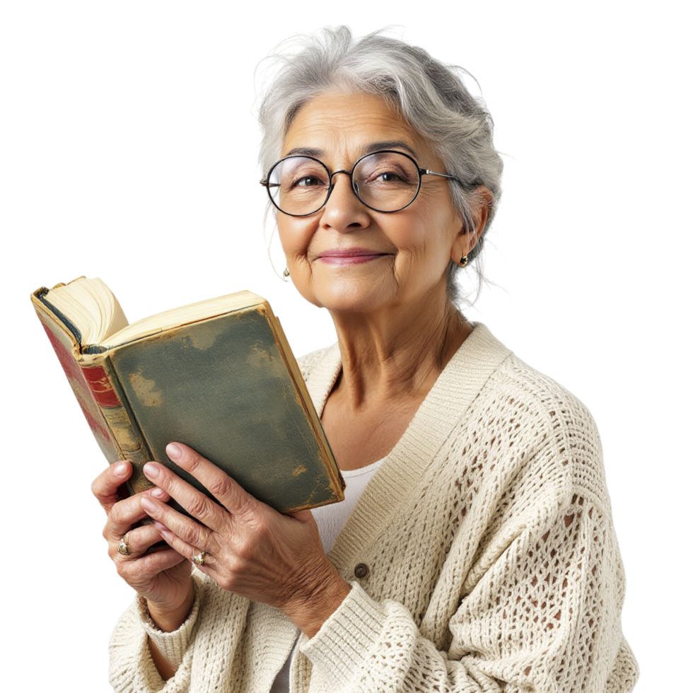 An older woman with glasses holding an open book png