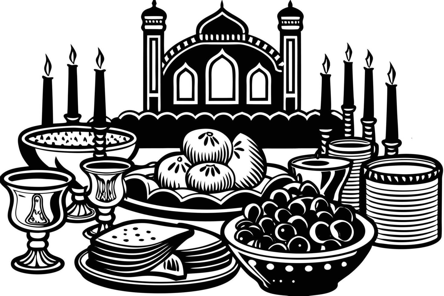 Grand and ornate Eid dining spread in a palace setting, featuring a selection of traditional dishes and festive decorations vector