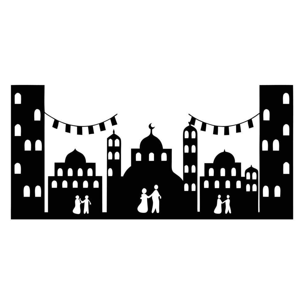 Vibrant Eid celebration scene featuring a silhouette of a city skyline with mosques, flag decorations, and families celebrating together in a joyous atmosphere vector