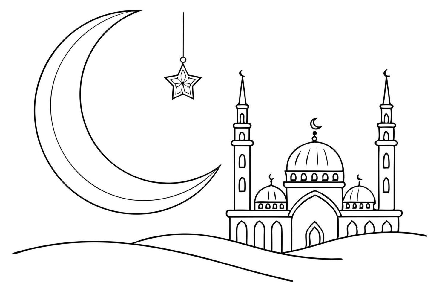 Stylized minimalist art featuring a mosque with crescent moon and stars for Islamic elements Background vector
