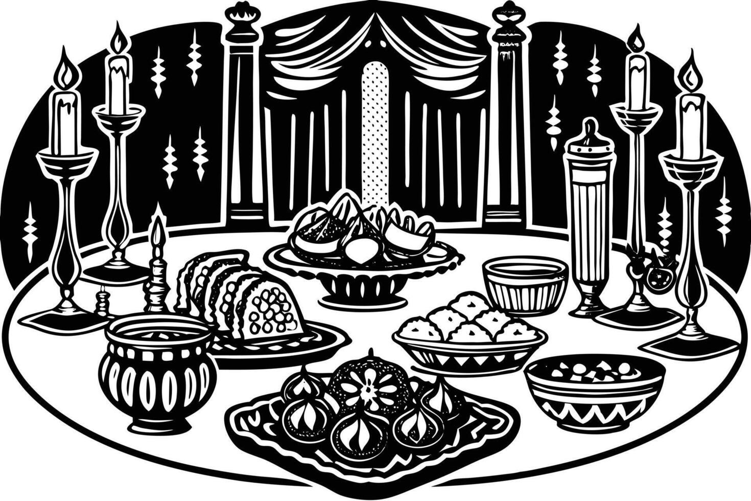 Eid feast set in a palace, showcasing a variety of Middle Eastern dishes with festive decorations for a grand celebration vector