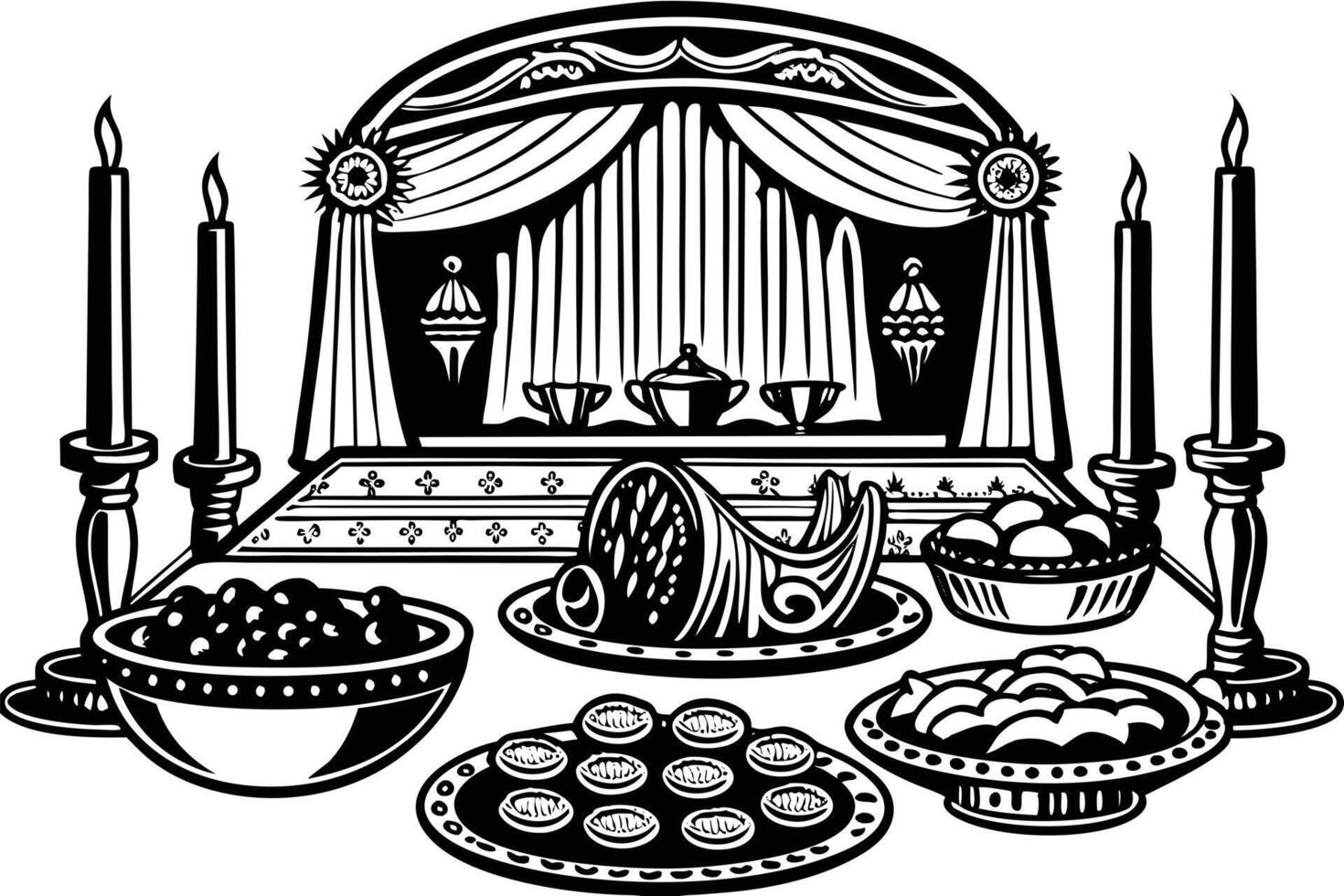 Festive Eid feast featuring Middle Eastern delicacies, served in an elegant and luxurious palace for a joyous celebration vector