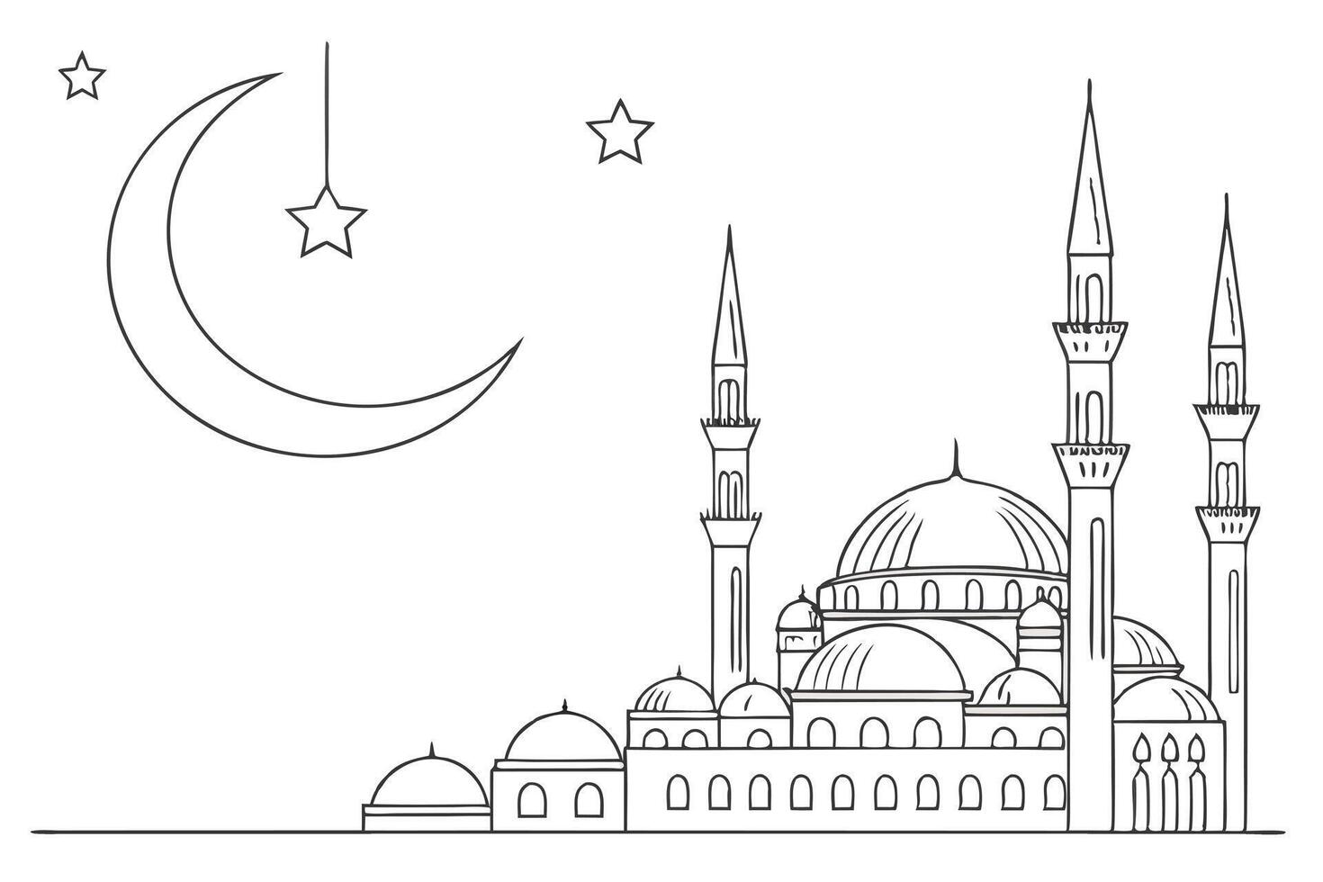 Line art of a mosque with crescent moon and stars in minimalist style, emphasizing Islamic elements Background vector