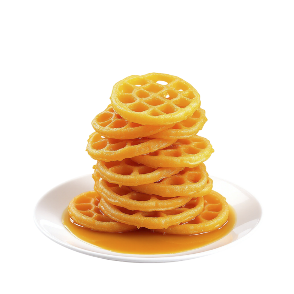 A stack of waffles on a plate with orange syrup png