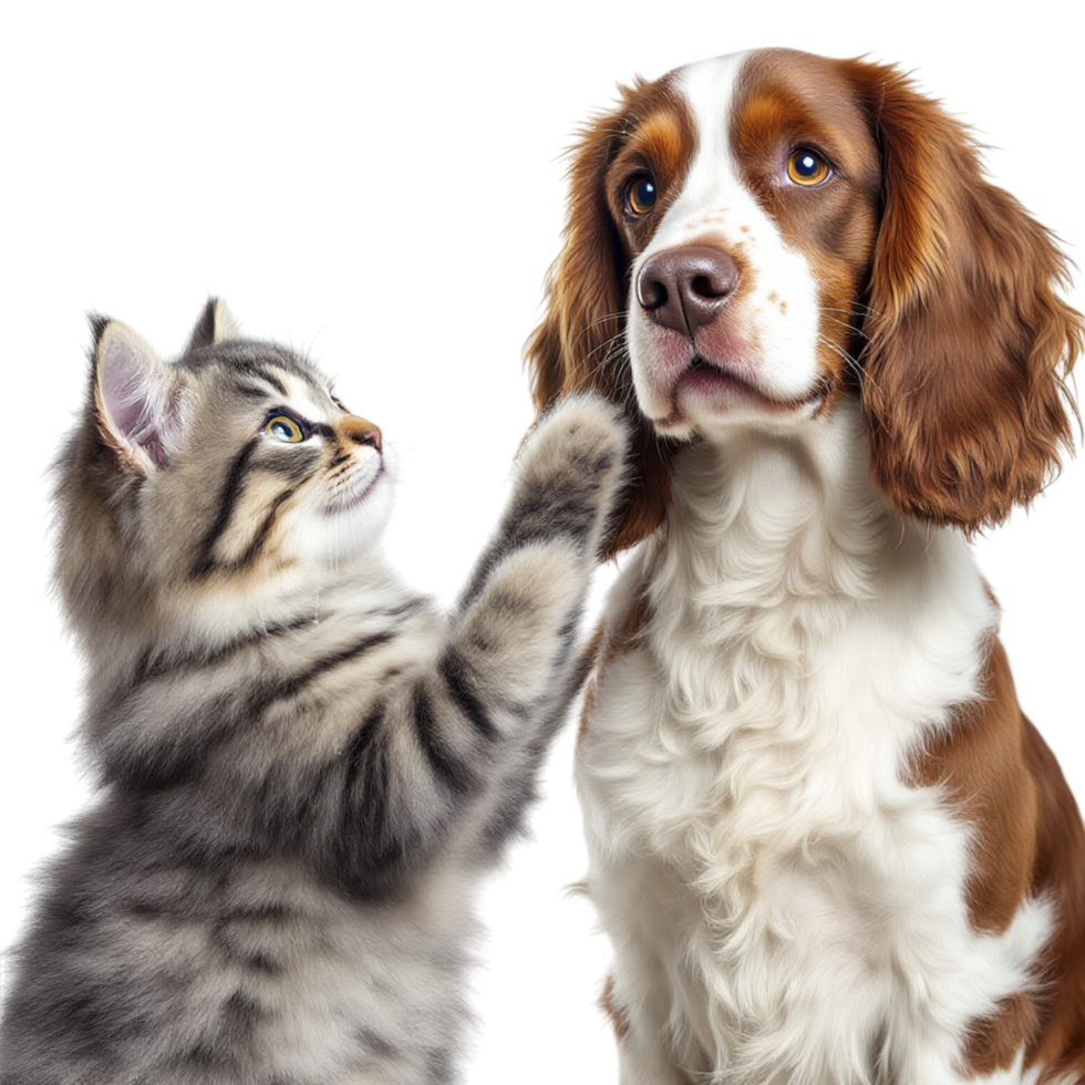 A dog and a cat are standing next to each other png