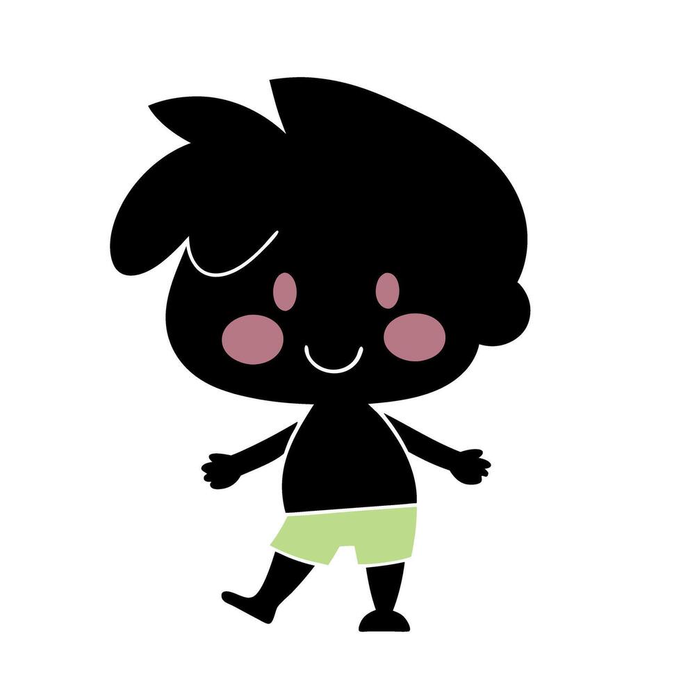 Playful cartoon of a smiling child with chubby cheeks, black silhouette style and pastel green shorts, minimalistic white backdrop vector