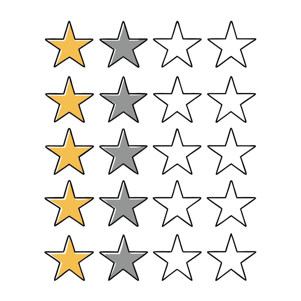 Colorful star rating scale with gold, grey, and empty stars on a white background, representing varying levels of customer feedback or satisfaction vector