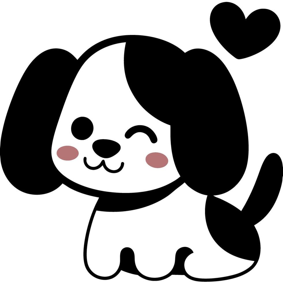 cute cartoon puppy with heart, winking and smiling with rosy cheeks, adorable black and white dog character for kids vector