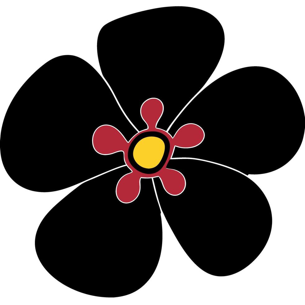Stylized decorative flower with five bold black petals and red inner design with yellow center on clean white background vector