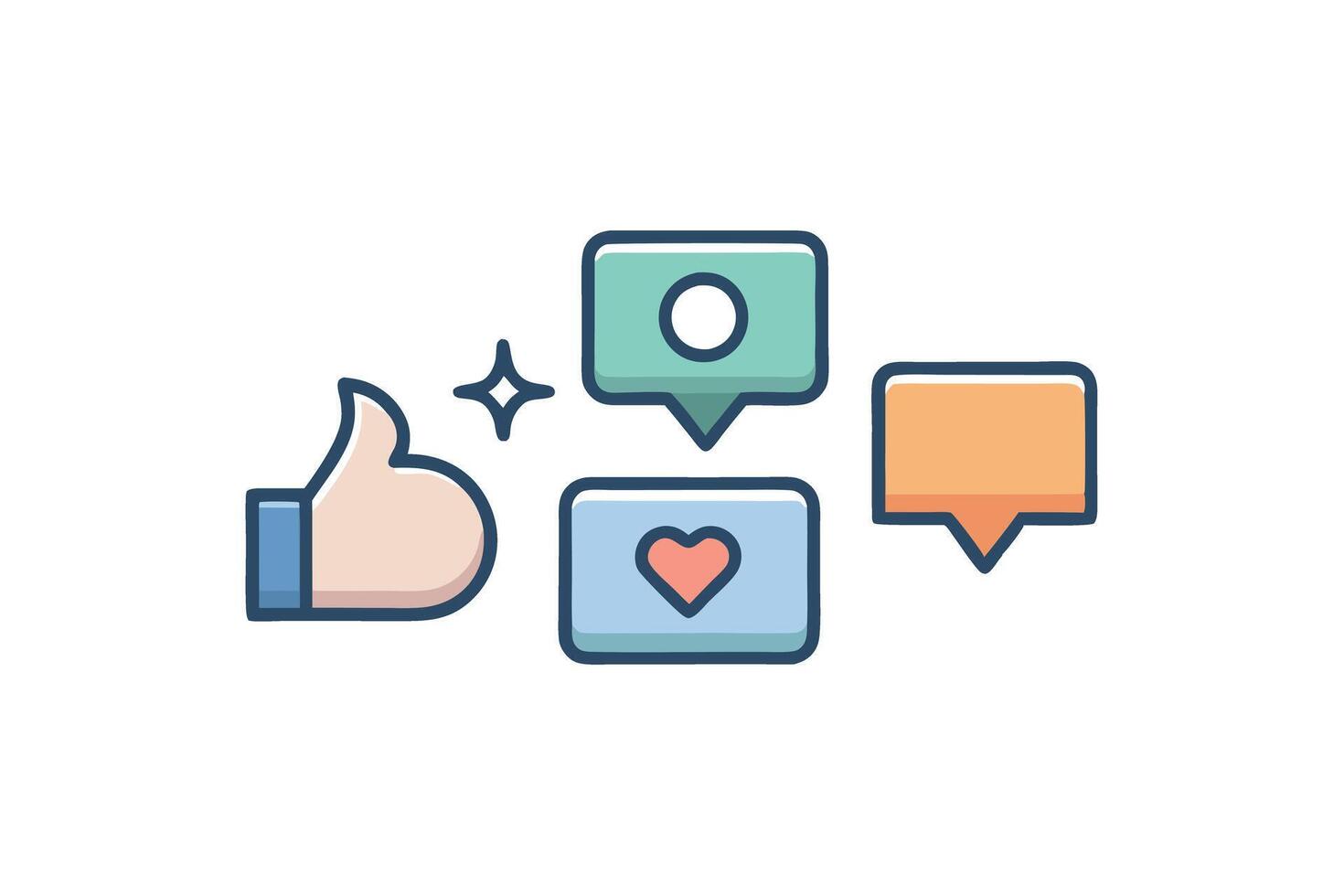 Illustration of minimalist social media icons, featuring a thumbs up, heart symbol, and comment bubble with various colors vector