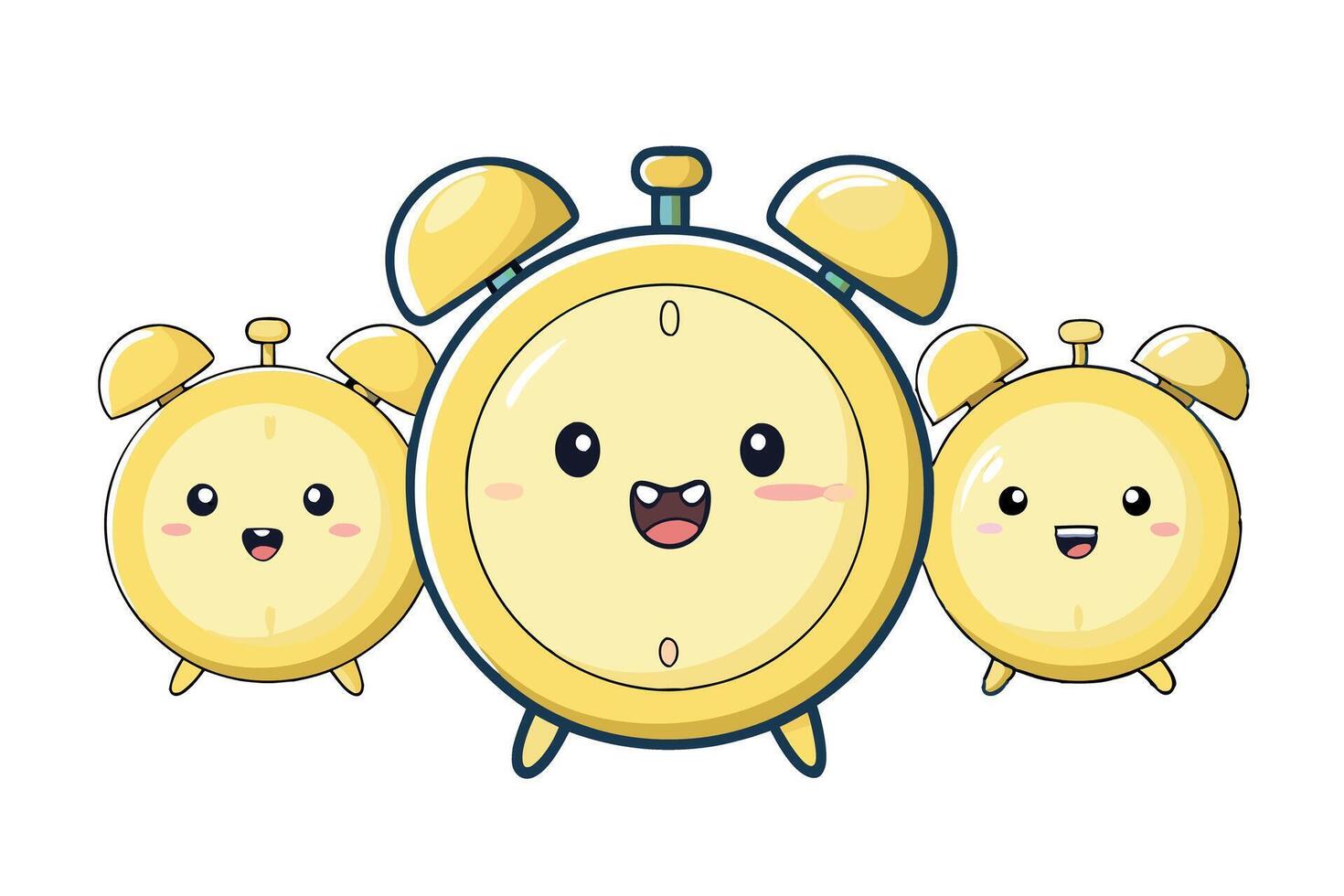 A vibrant 3D illustration of four different pastel yellow alarm clocks, each with a cheerful face, symbolizing time management and fun vector