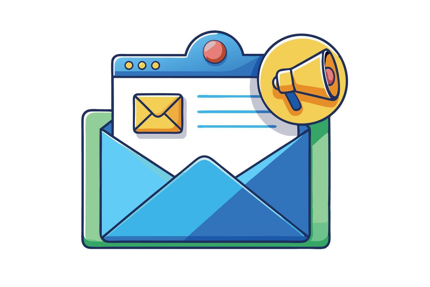 A vibrant digital illustration of an email notification with a megaphone and envelope, symbolizing alert messages and communication vector