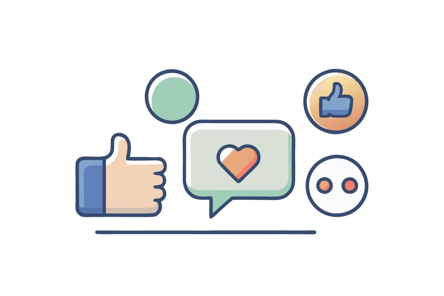 A set of colorful minimalist icons for social media engagement, including thumbs up, hearts, and speech bubbles with various designs vector