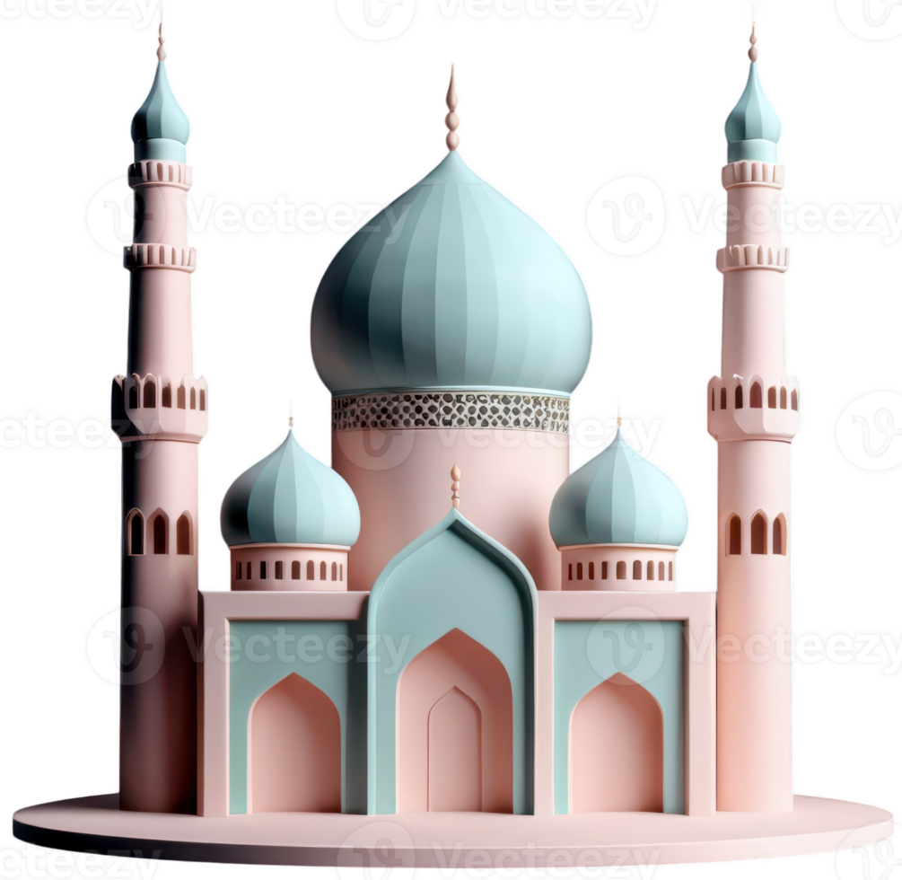 Elegant mosque 3D render in pastel colors with transparent background, showcasing intricate domes and minarets png