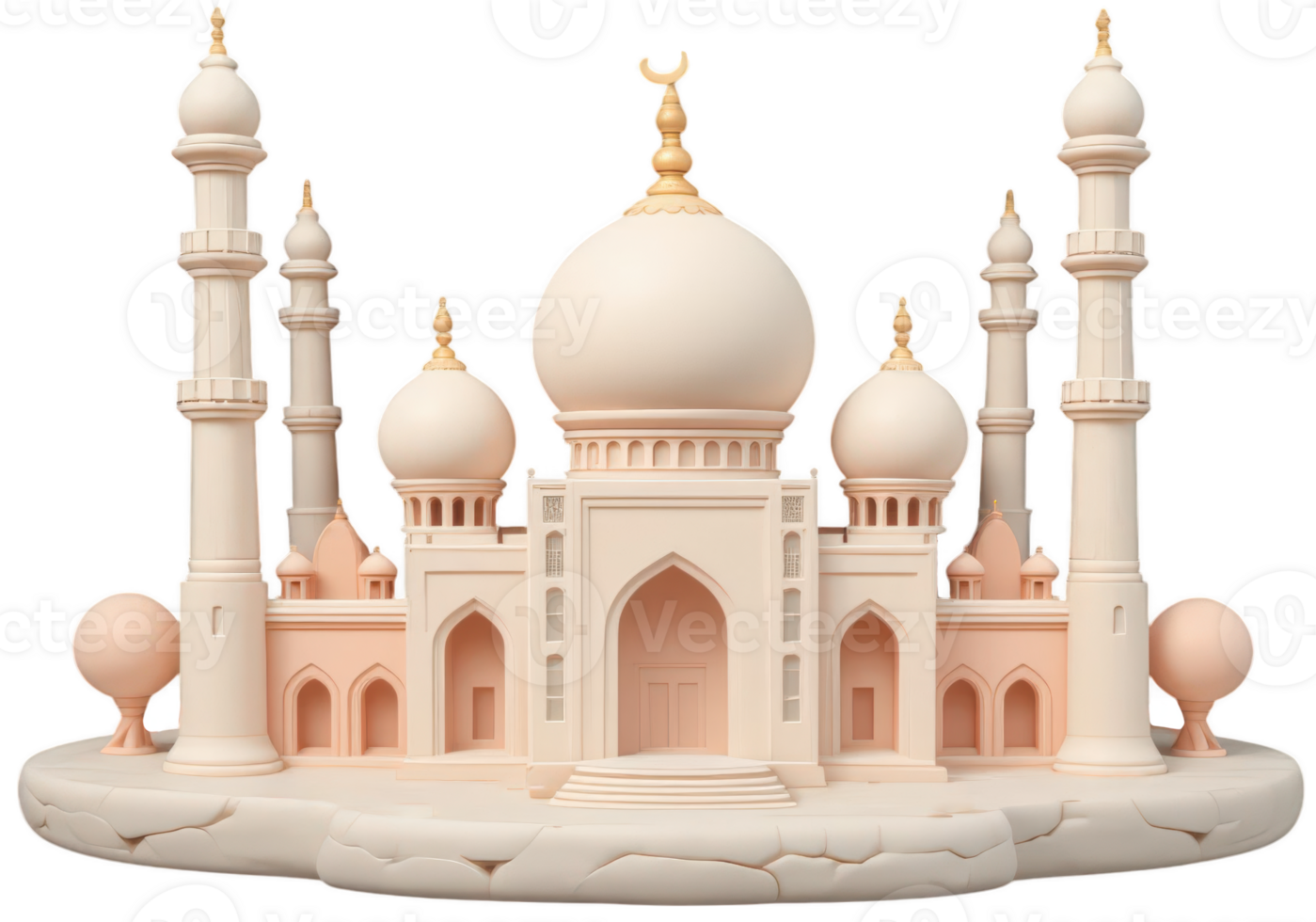 Elegant mosque 3D render in pastel tones with transparent background, showcasing intricate domes and minarets png
