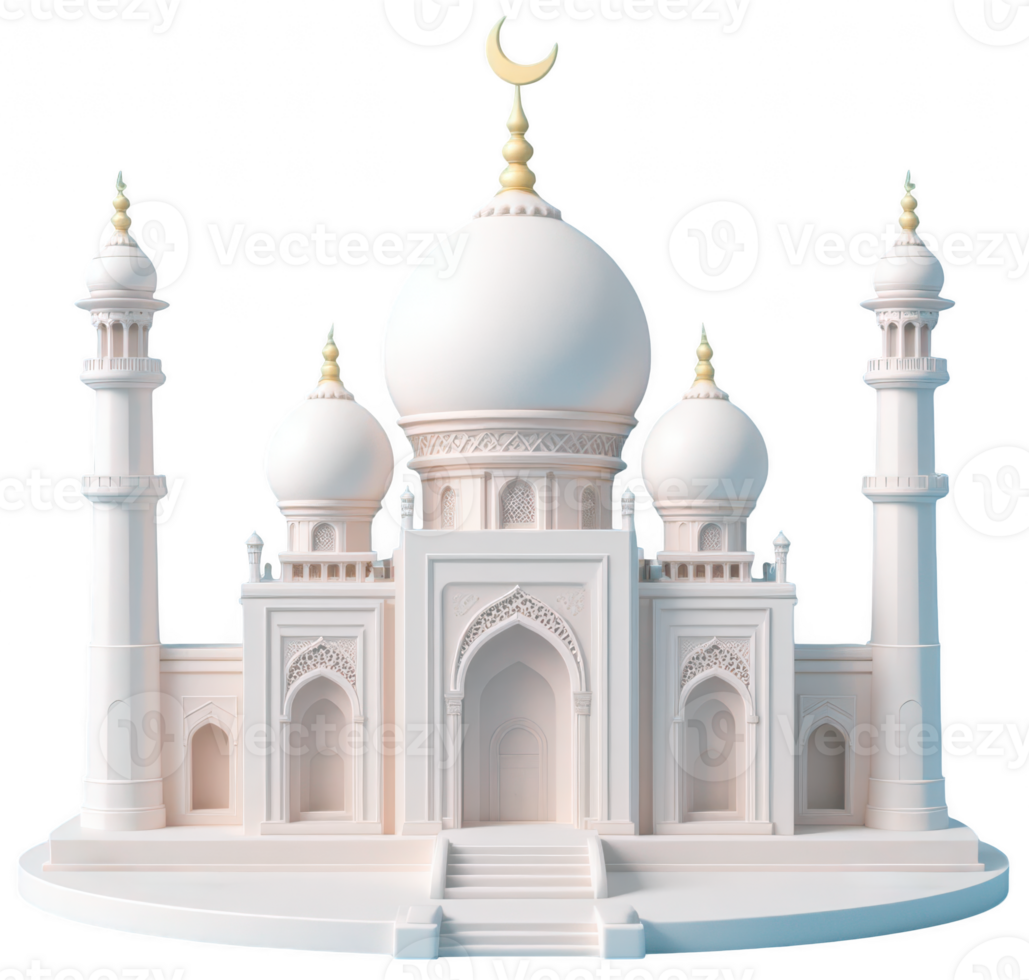 Elegant mosque 3D render with pastel tones on transparent background, showcasing intricate domes and arches png