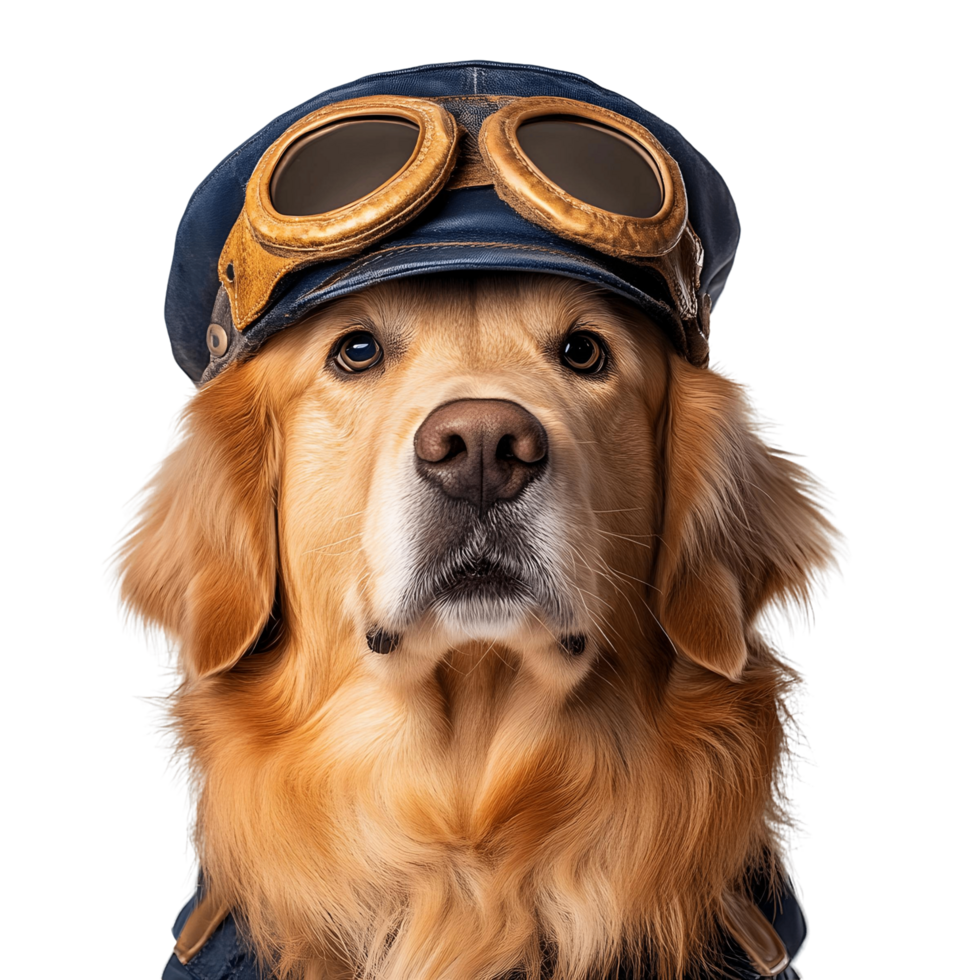 Smiling golden retriever dressed as a captain png