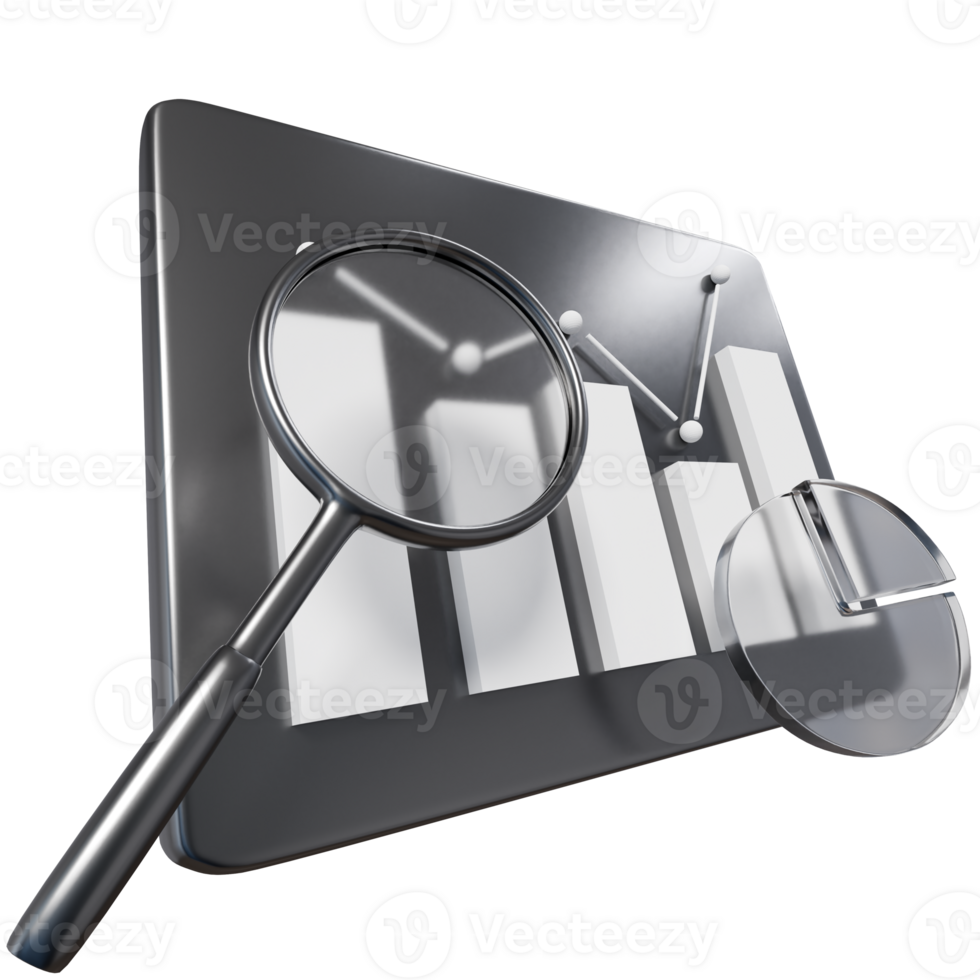 A magnifying glass and bar graph on a tablet png