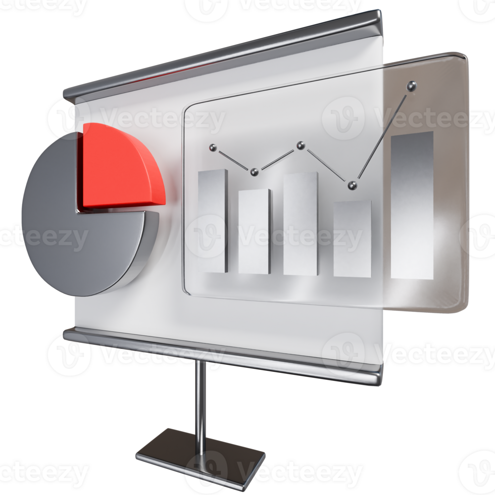 A presentation board with a pie chart and a red bar png