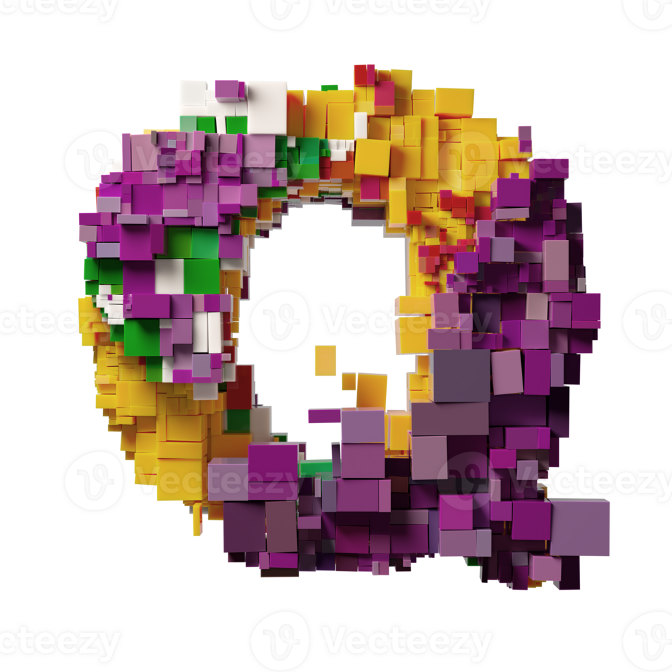 Colorful Pixelated 3D Letter Q Composed of Vibrant Cubic Blocks png