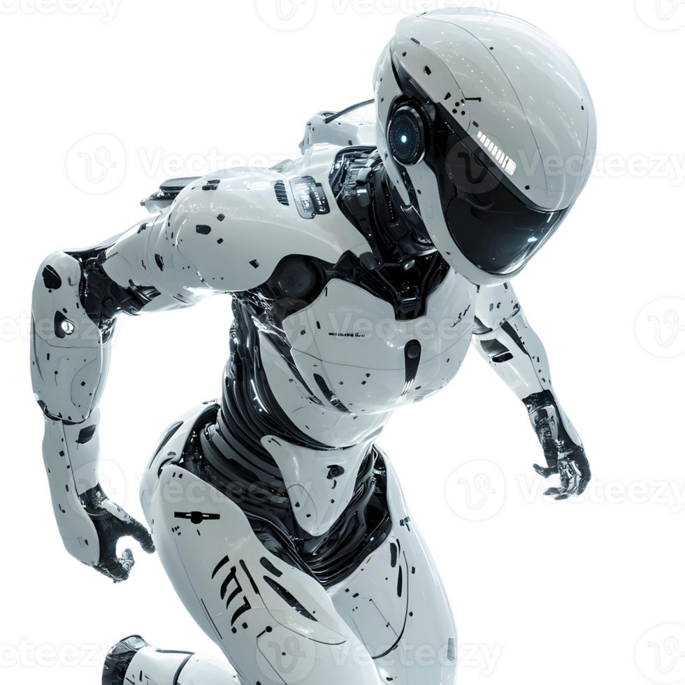 Cybernetic humanoid with an advanced helmet and sleek body armor in a 3D render png