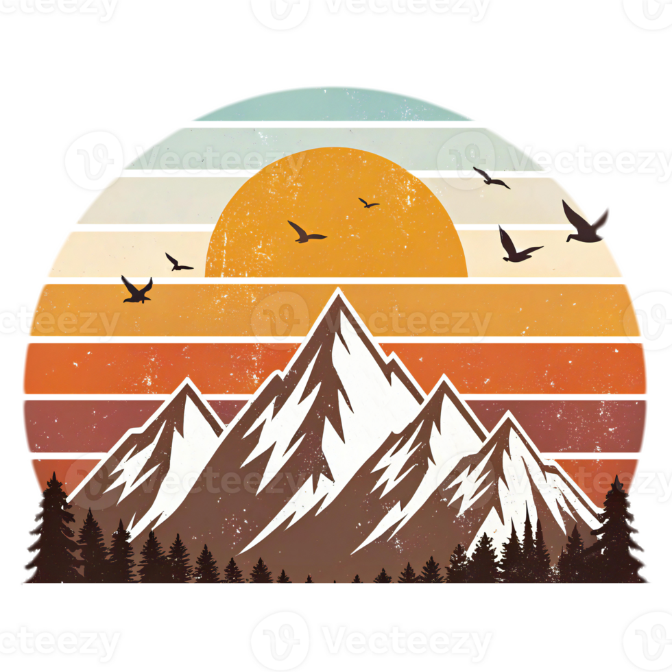 Retro Sunset Mountain Landscape with Birds png