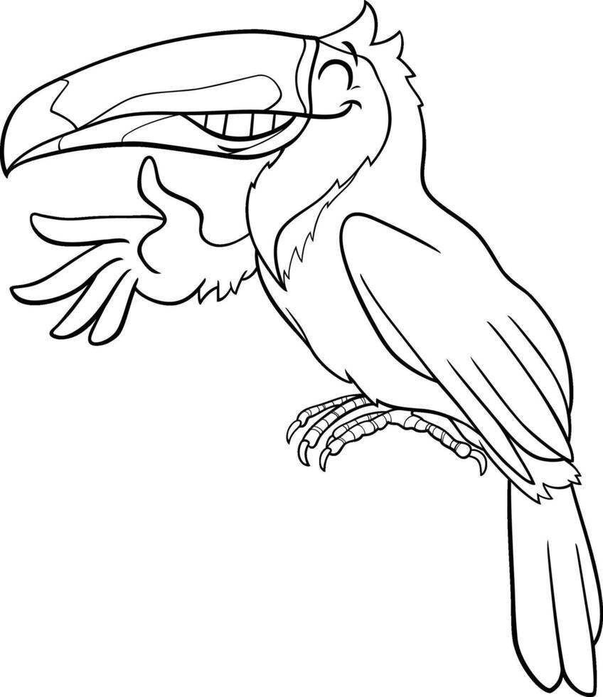cartoon toucan bird animal character waving its wing coloring page vector
