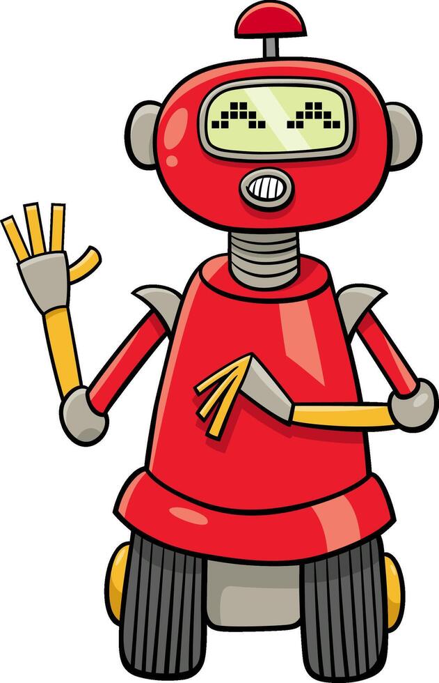 funny cartoon red robot fantasy character waving its hand vector