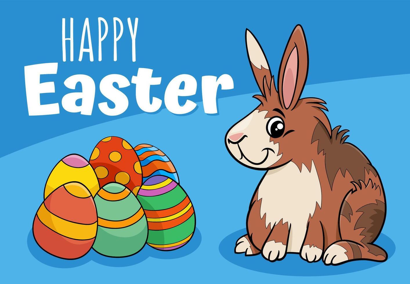 cartoon Easter Bunny with colored eggs greeting card design vector