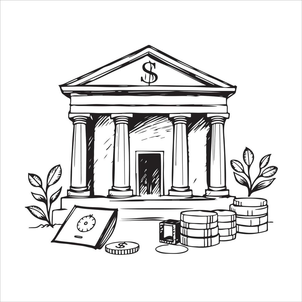 A sketch of a bank building with money and coins vector