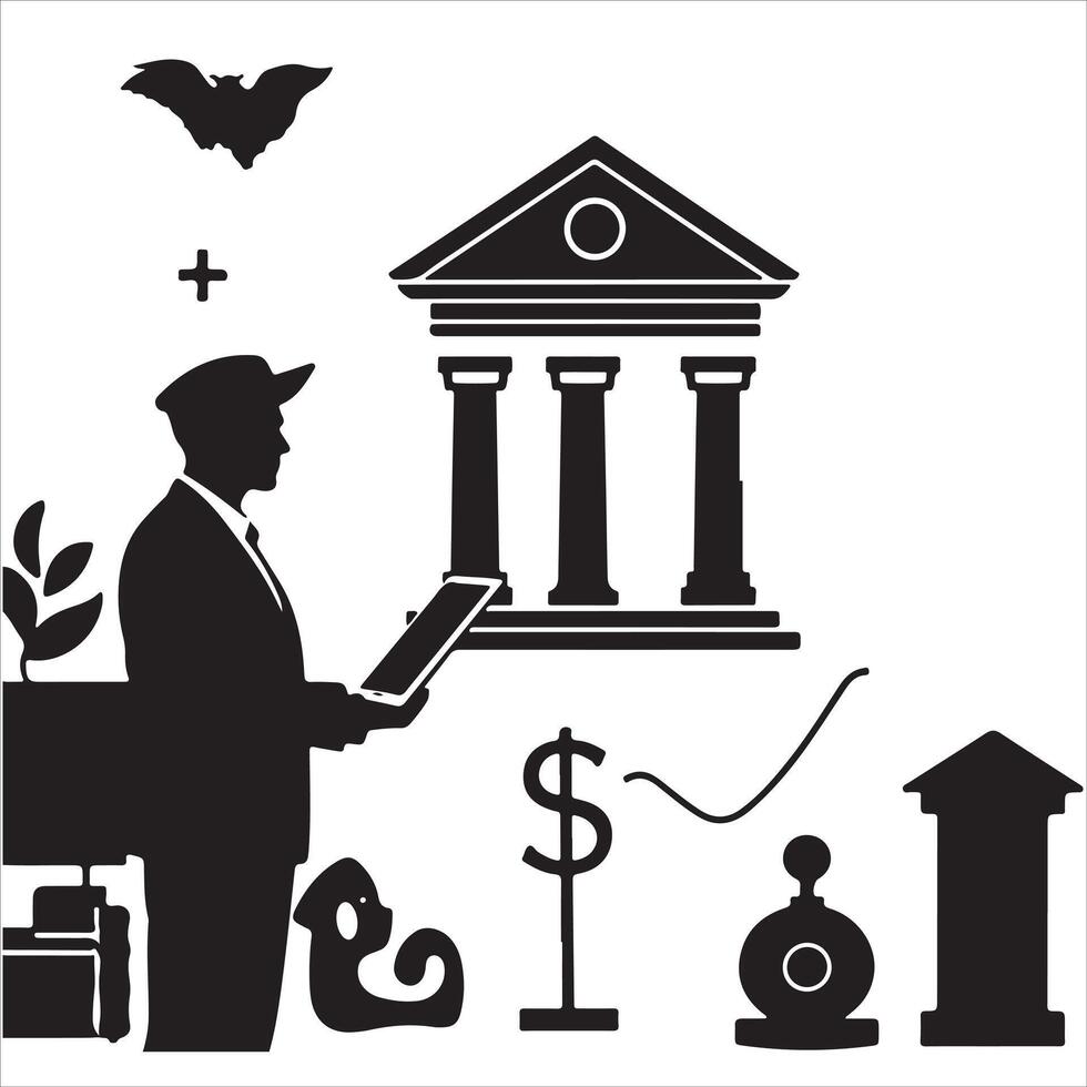 A man in a suit is standing in front of a bank and a clock vector