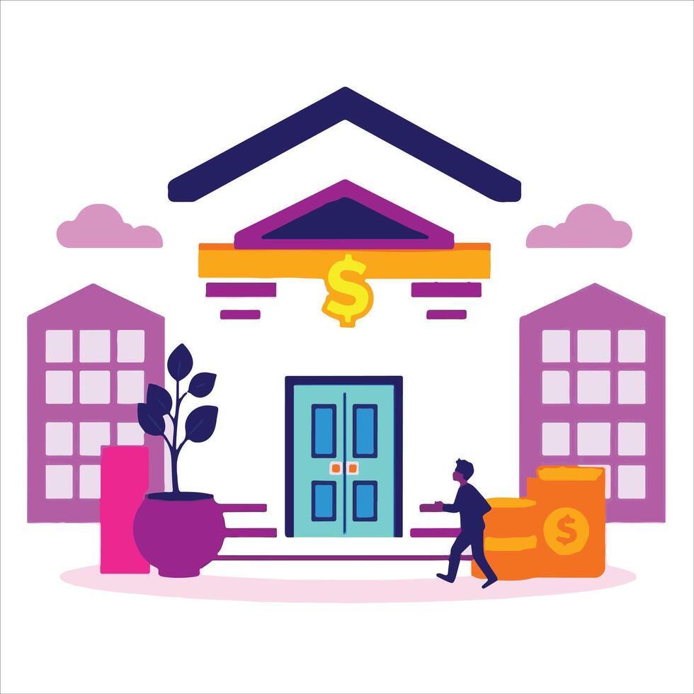 A man is walking into a bank building with money and a sign that says bank vector
