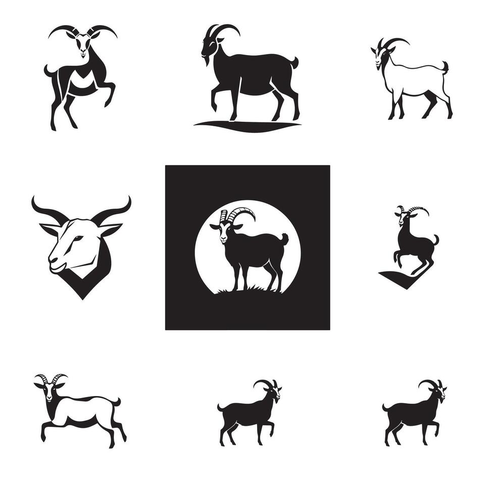 Goat silhouette set of black and white goat icons vector