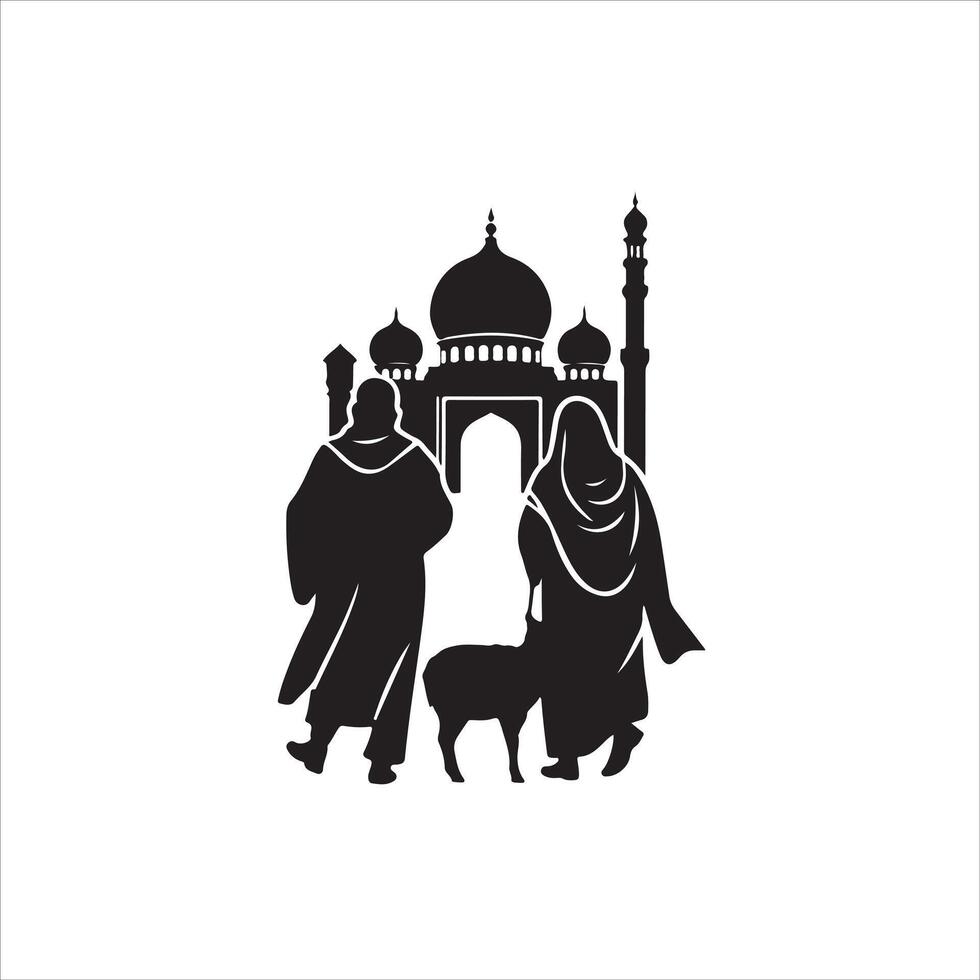 Two people with a dog walking in front of a mosque vector