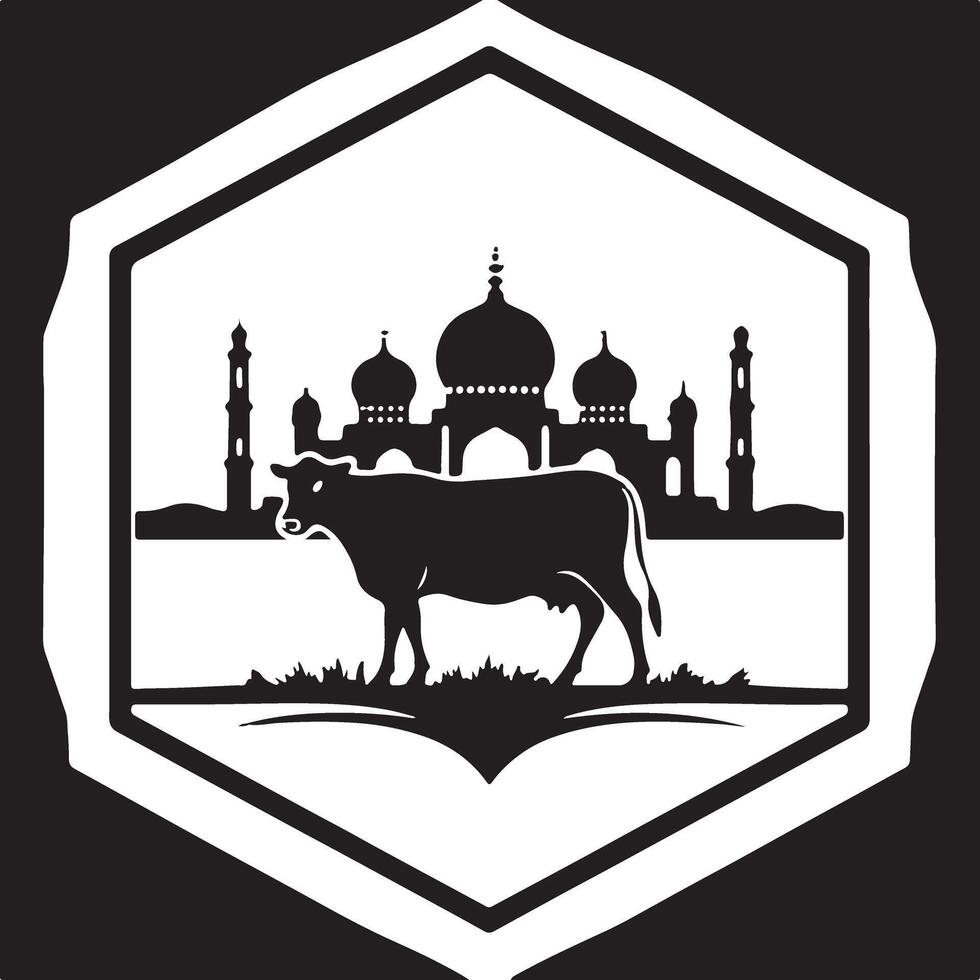 A cow in front of a mosque in a black and white logo vector