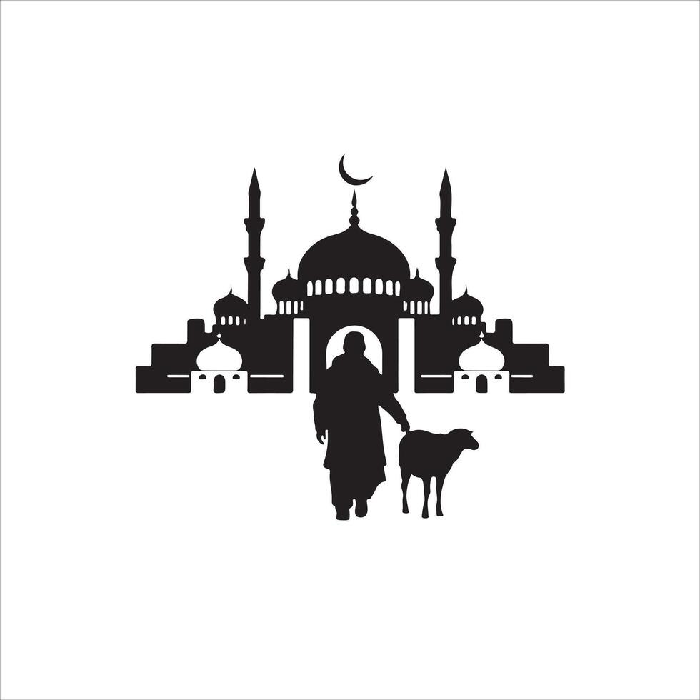 Islamic man with sheep and mosque silhouette illustration vector