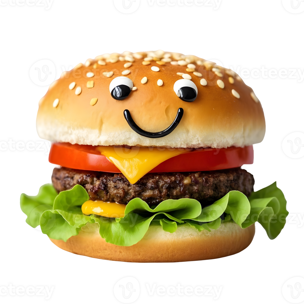 Smiling Hamburger Illustration Whimsical Food Art with Playful Face on Transparent Background png