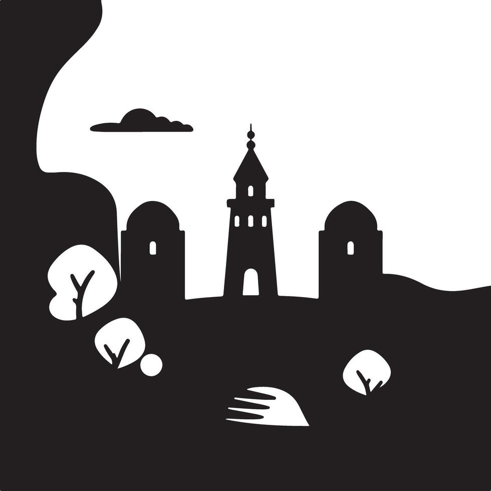 A black and white illustration of a castle vector