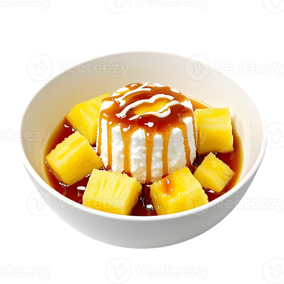 Healthy Pineapple Coconut Dessert with Caramel Drizzle White Bowl Isolated on Transparent Background png
