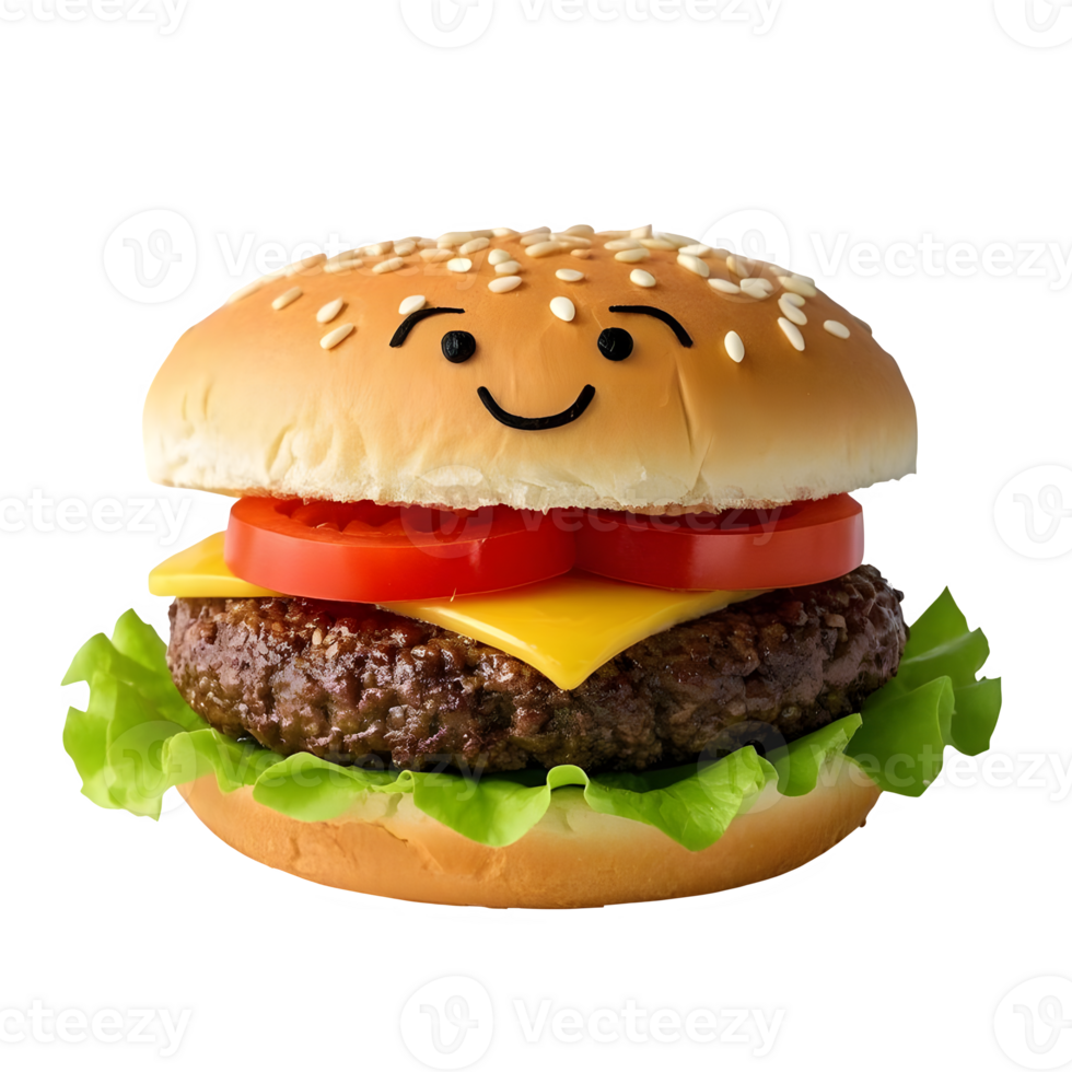 Whimsical Smiling Hamburger with Playful Face Fun Food Art on Transparent Background png